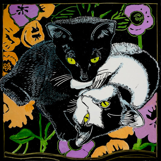 Poppy and Jasper - kittens linocut print