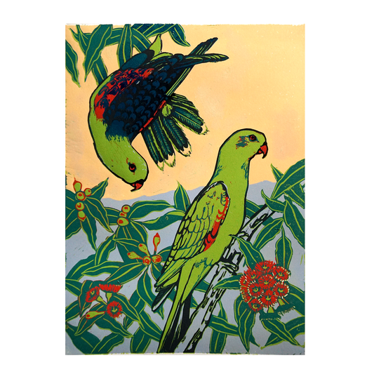 Redwing Parrots Lino Print